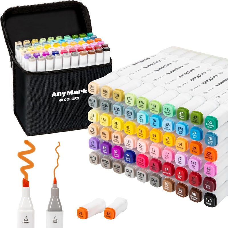 Anymark Alcohol Markers, 60 Colors Dual Tip Art Coloring Markers Set for Kids Adult Book Drawing Sketching Painting, Chisel & Fine, White Penholder - Image 1